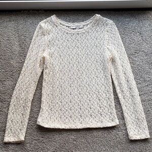 LOFT Cream Textured Long Sleeve Lace Top